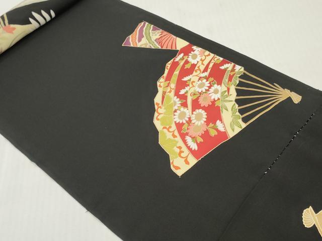平和屋着物▼黒留袖 解き反物 着尺 飛鶴扇面花文 黒地 金彩 逸品 DABH8158zy
