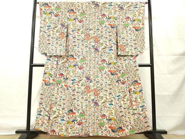 平和屋着物■上質な小紋 型染め 切嵌め花鳥文 鬼しぼ縮緬 正絹 逸品 DABH8220zy