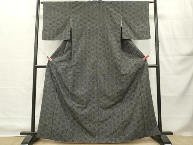 平和屋着物■上質な紬 麻の葉紋様 黒地 正絹 逸品 DABH8225zy