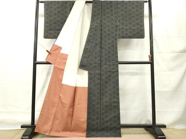 平和屋着物■上質な紬 麻の葉紋様 黒地 正絹 逸品 DABH8225zy