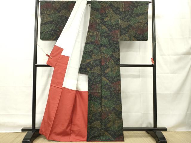 平和屋着物■上質な紬 草花文 黒地 正絹 逸品 DABH8226zy