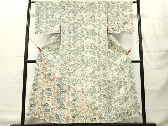 平和屋着物■訪問着 型染め 扇面草花文 鬼しぼ縮緬 正絹 逸品 DABH8263zy