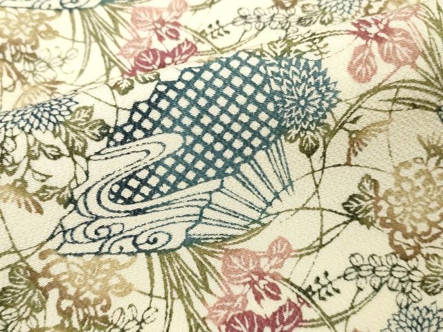 平和屋着物■訪問着 型染め 扇面草花文 鬼しぼ縮緬 正絹 逸品 DABH8263zy