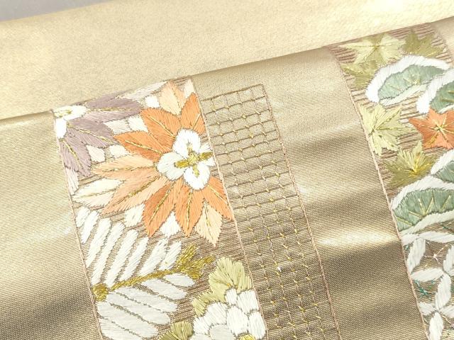 平和屋着物▼名古屋帯 帯反物 総刺繍 短冊草花文 金糸 逸品 未使用 DABH8325zy