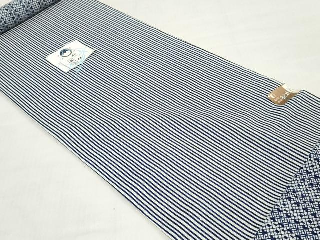 平和屋着物*夏物 竺仙鑑製 浴衣 反物 着尺 注染 両面染め 縞 幾何学文 証紙付き 綿 逸品 未使用 DABH8510zy
