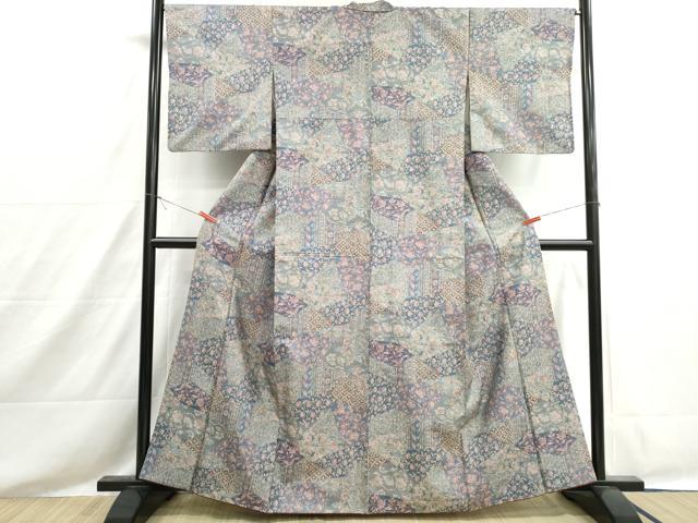 平和屋着物■本場染大島紬 切嵌更紗花文 正絹 逸品 DABH8548qa