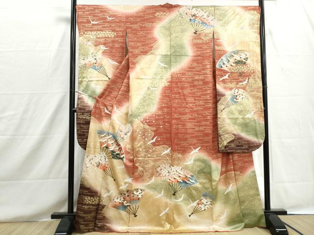 平和屋着物■豪華振袖 扇面群鶴花文 暈し染め 金彩 正絹 逸品 DABH8611qa