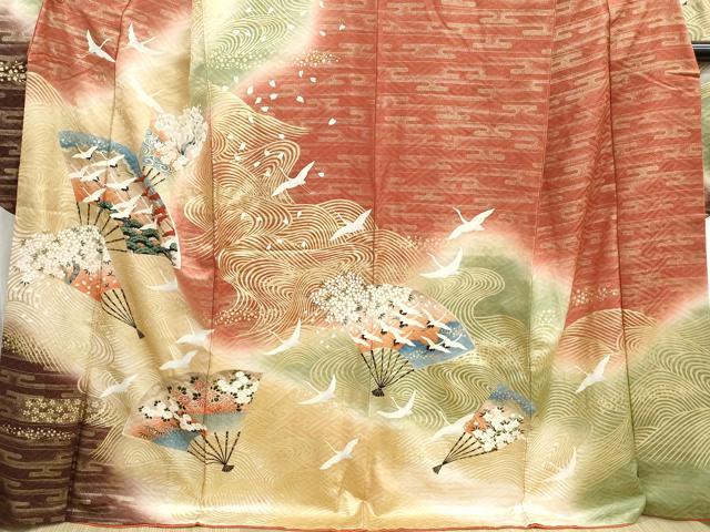 平和屋着物■豪華振袖 扇面群鶴花文 暈し染め 金彩 正絹 逸品 DABH8611qa