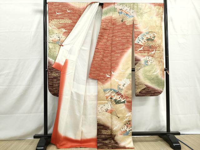 平和屋着物■豪華振袖 扇面群鶴花文 暈し染め 金彩 正絹 逸品 DABH8611qa