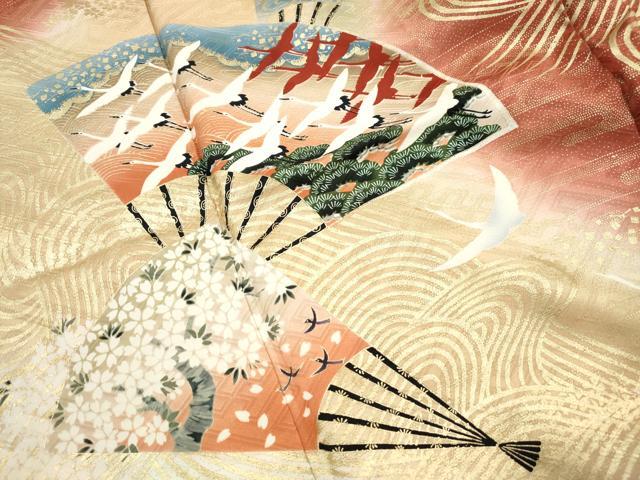 平和屋着物■豪華振袖 扇面群鶴花文 暈し染め 金彩 正絹 逸品 DABH8611qa