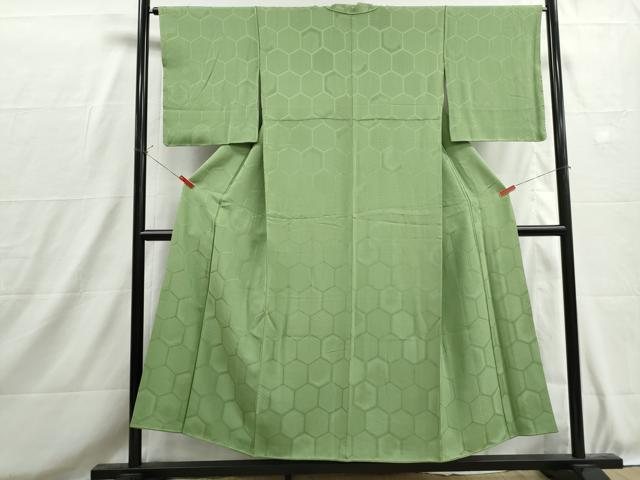 平和屋着物■上質な色無地 亀甲地紋 柳色 正絹 逸品 DABH8704qa