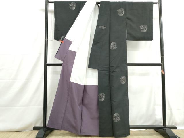 平和屋着物■上質な紬 蜀江花蝶文 黒地 正絹 逸品 DABH8723qa