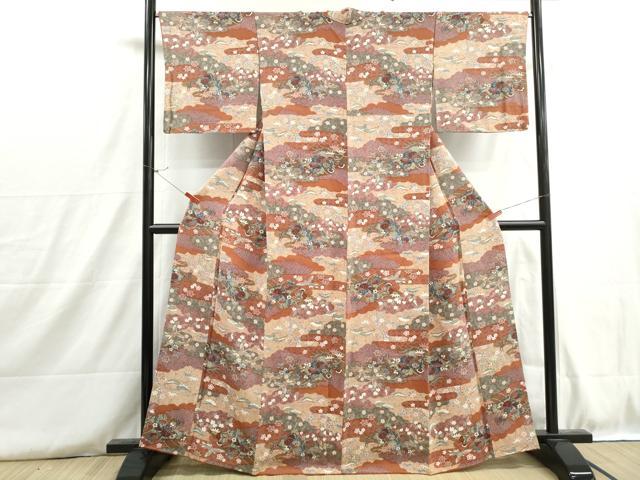 平和屋着物■上質な小紋 エ霞花鳥文 金彩 鬼しぼ縮緬 正絹 逸品 DABH8760qa