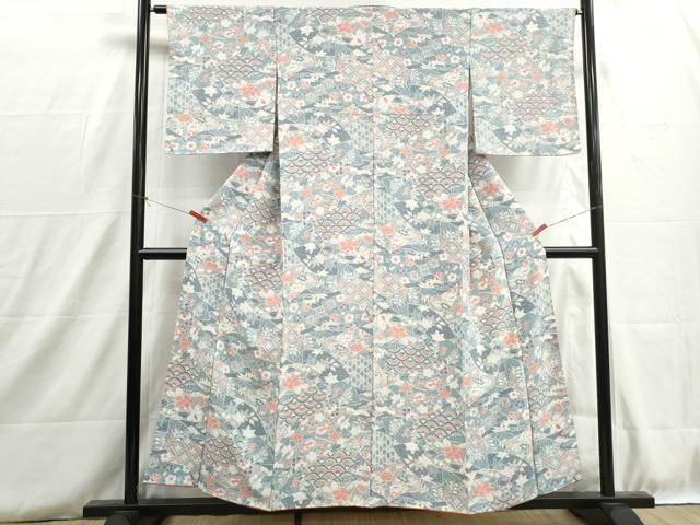 平和屋着物■上質な小紋 花青海波文 正絹 逸品 DABH8768qa