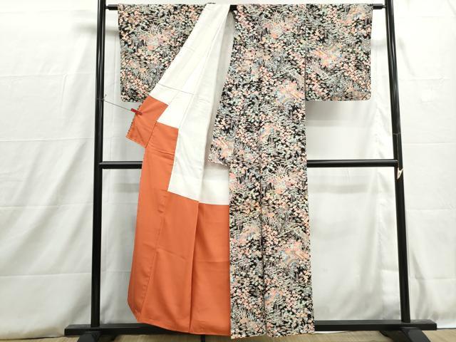 平和屋着物■上質な小紋 風景花文 松竹梅 黒地 正絹 逸品 DABH8813qa
