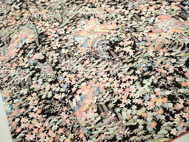 平和屋着物■上質な小紋 風景花文 松竹梅 黒地 正絹 逸品 DABH8813qa