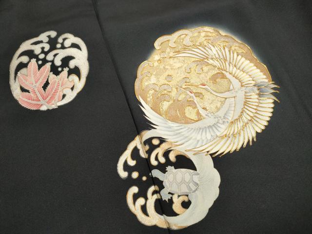 平和屋着物■豪華黒留袖 駒刺繍 立波飛鶴文 松竹梅 亀 暈し染め 金彩 正絹 逸品 DABH8816qa