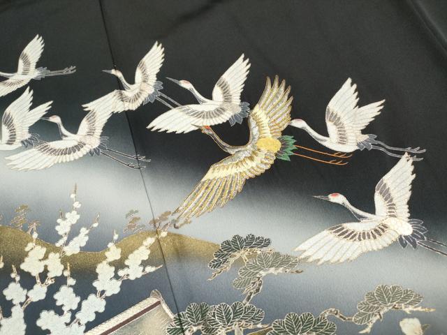 平和屋着物■豪華黒留袖 作家物 駒刺繍 風景群鶴文 暈し染め 金銀彩 正絹 逸品 DABH8828qa