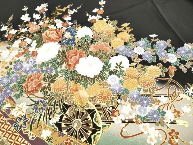 平和屋着物■豪華黒留袖 鬘帯花車文 花籠 暈し染め 金彩 正絹 逸品 DABH8833qa