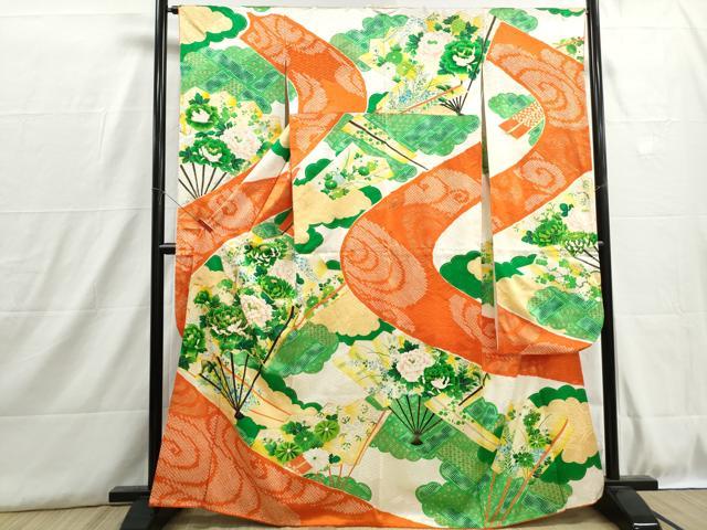 平和屋着物■豪華振袖 駒刺繍 絞り 扇面草花文 牡丹 金彩 正絹 逸品 DABH8866qa