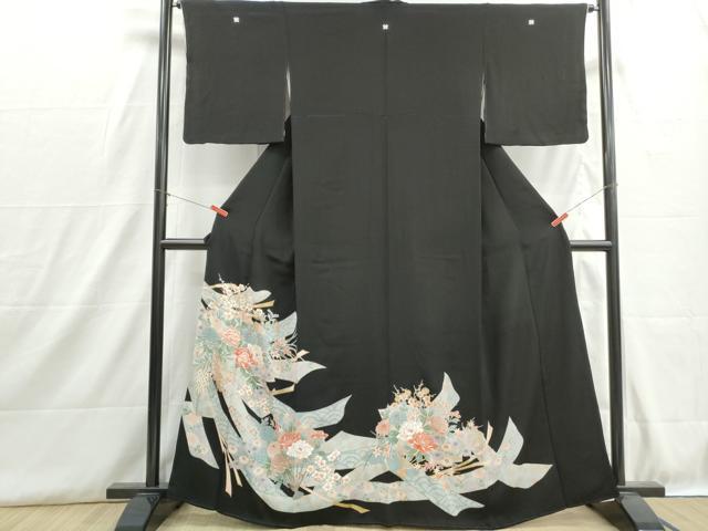 平和屋着物■豪華黒留袖 刺繍 扇面花熨斗文 牡丹 金彩 正絹 逸品 DABH8881qa