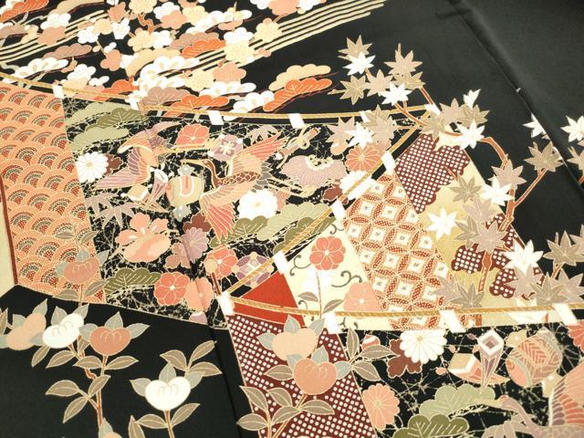 平和屋着物■豪華黒留袖 駒刺繍 宝尽くし飛鶴花文 松竹梅 金彩 正絹 逸品 DABH8888qa