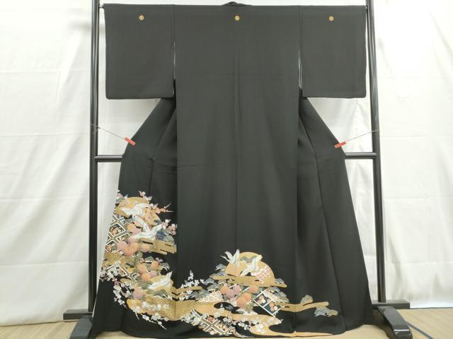 平和屋着物■豪華黒留袖 地紙飛鶴渡橋花文 金彩 正絹 逸品 DABH8894qa