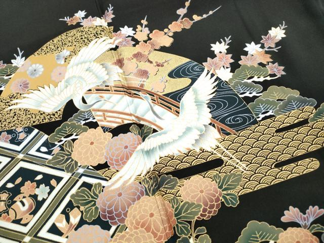 平和屋着物■豪華黒留袖 地紙飛鶴渡橋花文 金彩 正絹 逸品 DABH8894qa