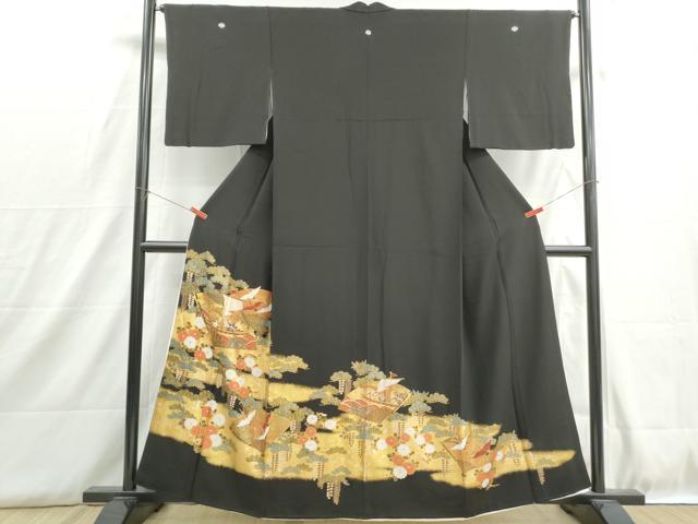 平和屋着物■豪黒留袖 扇面飛鶴花松文 船 金銀彩 正絹 逸品 DABH8895qa