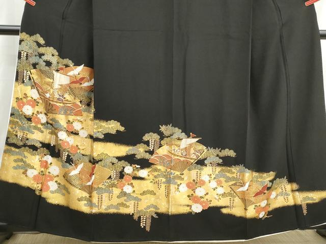 平和屋着物■豪黒留袖 扇面飛鶴花松文 船 金銀彩 正絹 逸品 DABH8895qa