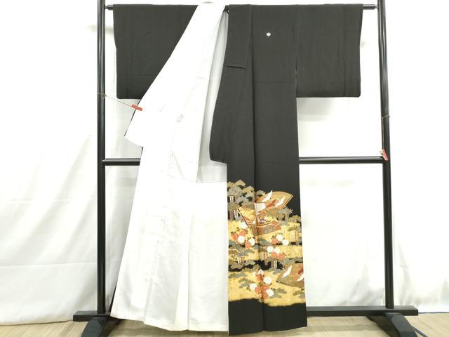 平和屋着物■豪黒留袖 扇面飛鶴花松文 船 金銀彩 正絹 逸品 DABH8895qa