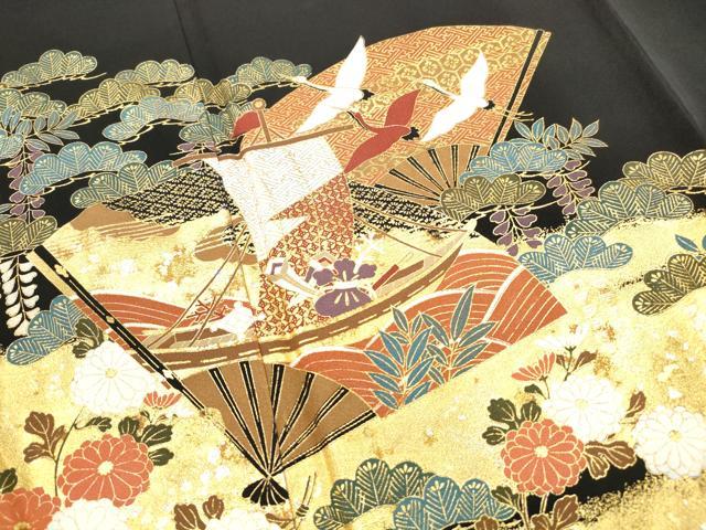 平和屋着物■豪黒留袖 扇面飛鶴花松文 船 金銀彩 正絹 逸品 DABH8895qa