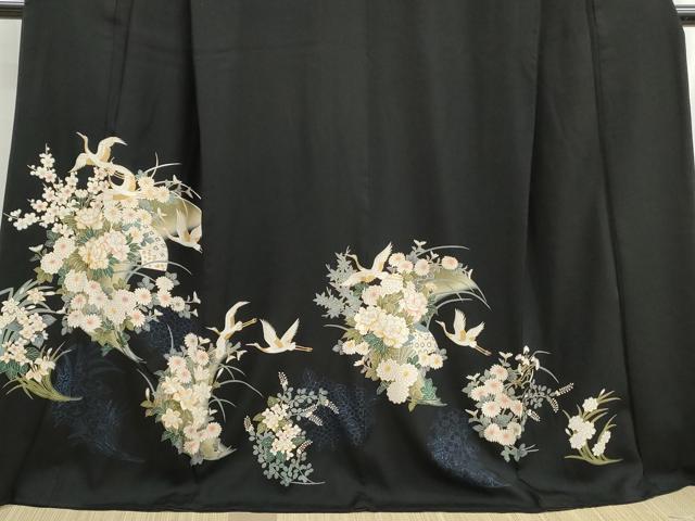 平和屋着物■豪華黒留袖 駒刺繍 扇面群鶴花文 牡丹 暈し染め 金彩 ロング丈 正絹 逸品 DABH8933qa