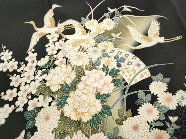 平和屋着物■豪華黒留袖 駒刺繍 扇面群鶴花文 牡丹 暈し染め 金彩 ロング丈 正絹 逸品 DABH8933qa
