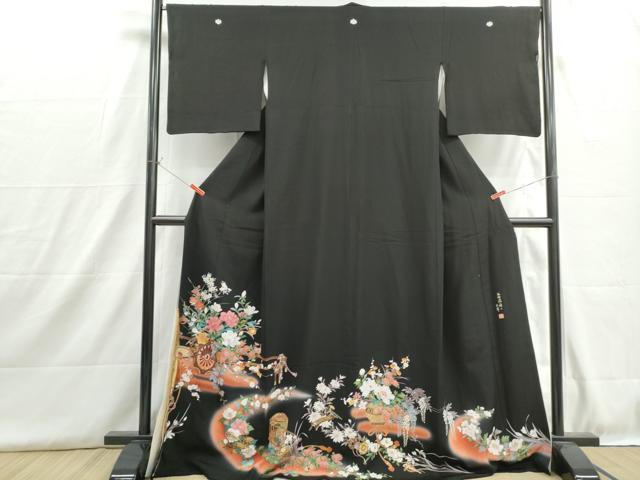 平和屋着物■谷崎潤一郎の世界 黒留袖 刺繍 貝桶花車文 暈し染め 金彩 ロング丈 正絹 逸品 DABH8943qa