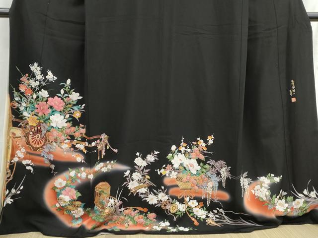 平和屋着物■谷崎潤一郎の世界 黒留袖 刺繍 貝桶花車文 暈し染め 金彩 ロング丈 正絹 逸品 DABH8943qa
