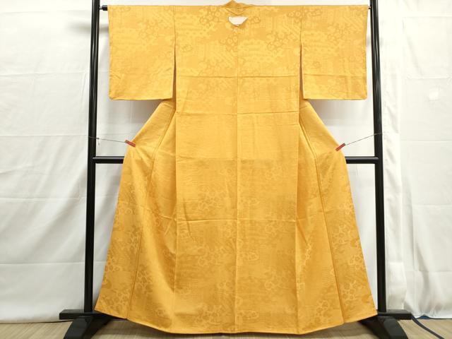 平和屋着物■上質な色無地 雲取り花地紋 柑子色 三越扱い 正絹 逸品 DABH8956qa