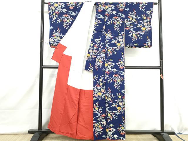 平和屋着物■上質な小紋 型染め 流水笹花文 鬼しぼ縮緬 正絹 逸品 DABH8970qa