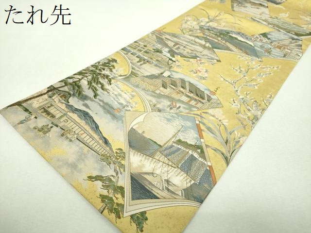 平和屋着物▼極上 西陣あさぎ 両面 全景全通柄袋帯 壱阡八百口織 美術街道五拾参次 司馬江漢 プラチナ本金箔 正絹 逸品 DABH9022ps