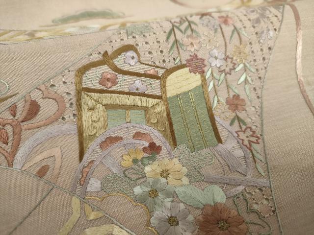 平和屋着物▼中国三大刺繍 スワトウ相良刺繍 汕頭相良刺繍 総刺繍 九寸名古屋帯 御所車花熨斗文 金糸 正絹 逸品 DABH9063ps