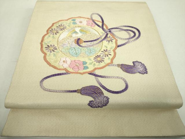 平和屋着物▼中国三大刺繍 相良刺繍 総刺繍 九寸開き名古屋帯 鏡裏花鳥文 金糸 正絹 逸品 DABH9070ps