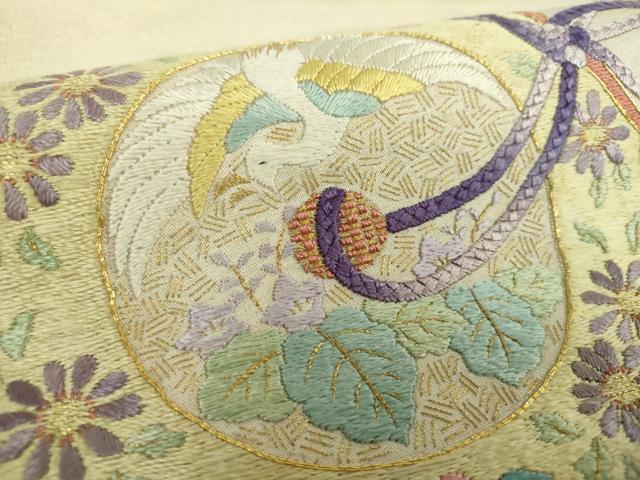 平和屋着物▼中国三大刺繍 相良刺繍 総刺繍 九寸開き名古屋帯 鏡裏花鳥文 金糸 正絹 逸品 DABH9070ps