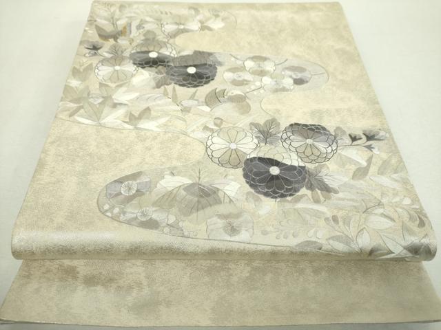 平和屋着物▼太鼓柄袋帯 総刺繍 霞花鳥文 金銀糸 引箔 正絹 逸品 DABH9071ps
