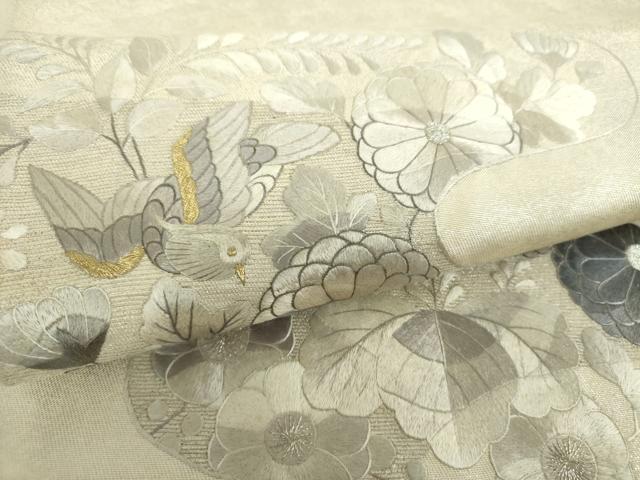 平和屋着物▼太鼓柄袋帯 総刺繍 霞花鳥文 金銀糸 引箔 正絹 逸品 DABH9071ps