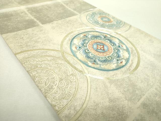 平和屋着物▼太鼓柄袋帯 駒刺繍 総刺繍 花丸文 金銀糸 正絹 逸品 未使用 DABH9075ps