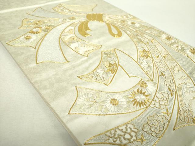 平和屋着物▼太鼓柄袋帯 駒刺繍 総刺繍 束ね熨斗花文 金銀糸 引箔 正絹 逸品 DABH9076ps
