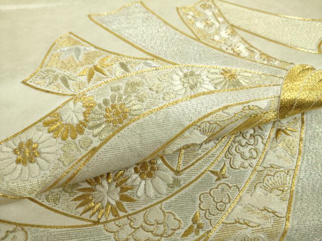 平和屋着物▼太鼓柄袋帯 駒刺繍 総刺繍 束ね熨斗花文 金銀糸 引箔 正絹 逸品 DABH9076ps