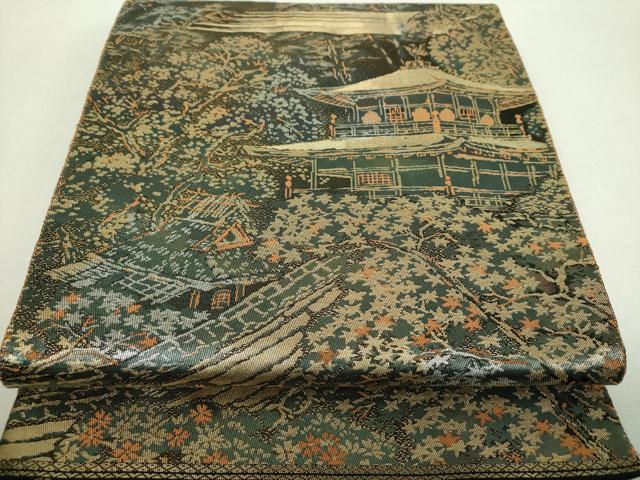 平和屋着物▼西陣 服部織物謹製 六通柄袋帯 こはく錦 二重箔織 風景花文 金糸 正絹 逸品 DABH9077ps