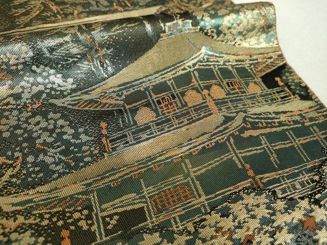 平和屋着物▼西陣 服部織物謹製 六通柄袋帯 こはく錦 二重箔織 風景花文 金糸 正絹 逸品 DABH9077ps