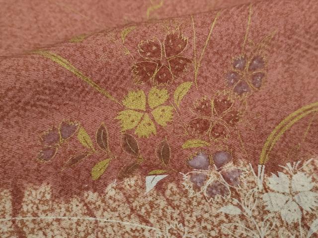 平和屋着物●訪問着 杢目絞り 刺繍 草花文 金彩 正絹 逸品 DABH9083ps